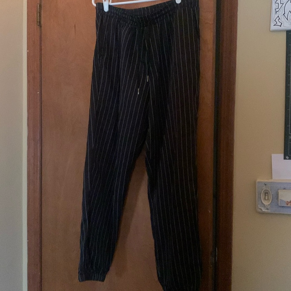 Black and white striped pants